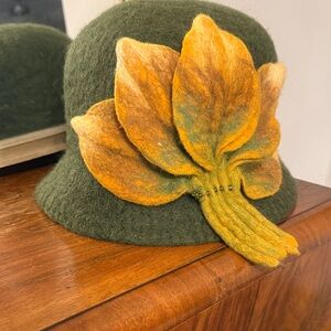 Evie Leaf Design Green Wool Cloche Hat Handcrafted
